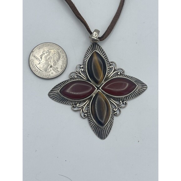 925 GFJ THAI Sterling Silver Tigers Eye & Carnelian Agate Pendant Necklace - Picture 7 of 7